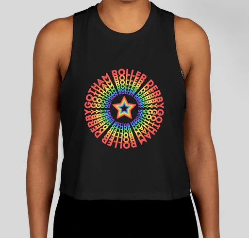an image of a person's torso from neck to waist, wearing a black tank top with a "Gotham Roller Derby" in rainbow letters, repeating to form a circular design around a rainbow star