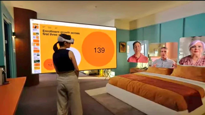 person at home using new Vision Pro Augmented Reality headset to view multiple screens just launched by Apple #VisionPro