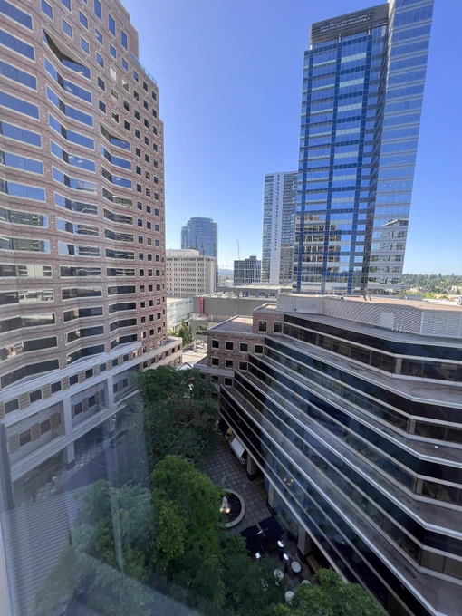 A view of several buildings in Seattle from a hotel window