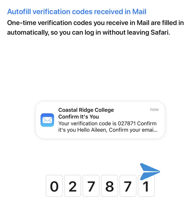 A screenshot of a Mail notification with the text:

Autofill verification codes received in Mail
One-time verification codes you receive in Mail are filled in automatically, so you can log in without leaving Safari.