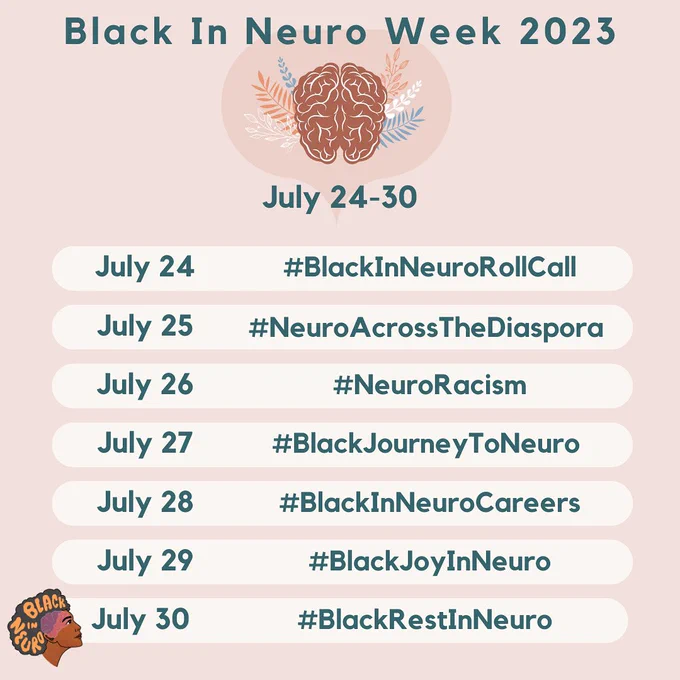 Save the date flyer for Black In Neuro Week 2023 from July 24-30th. 

July 24: #BlackInNeuroRollCall
July 25: #NeuroAcrosstheDiaspora 
July 26: #NeuroRacism
July 27: #BlackJourneyToNeuro
July 28: BlackInNeuroCareers
July 29: BlackJoyInNeuro
July 30:BlackRestInNeuro

With the Black In Neuro logo on the bottom left.