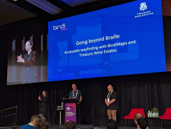 Tony Burrett from Bindimaps, and Michael Perry from Treasury Wine Estate on the stage presenting 
