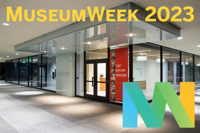Front entrance of Sid Richardson Hall Unit 2 with the words MuseumWeek 2023 and the MuseumWeek logo, MW, in color