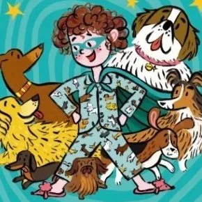 Brown-haired girl wearing PJs covered in dogs and a superhero cape and mask. She is surrounded by seven cute smiling dogs. 