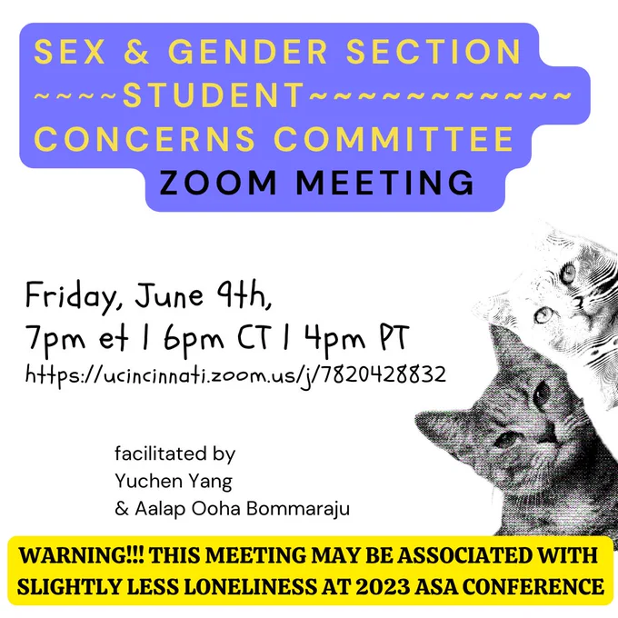Bold text says “Sex & Gender Section ~~~~Student~~~~~~~~~~~ Concerns Committee Zoom Meeting” Two pixelated cats stare at the reader, accompanied by smaller text “facilitated by Yuchen Yang & Aalap Ooha Bommaraju” Comic sans text says, “Friday, June 9th, 7pm et | 6pm CT | 4pm PT” and includes the link to the Zoom meeting: https://ucincinnati.zoom.us/j/7820428832 At the bottom, yellow highlighted in bold text it says, “WARNING!!! this meeting MAY BE ASSOCIATED with SLIGHTLY LESS LONELINESS at 2023 ASA conference”