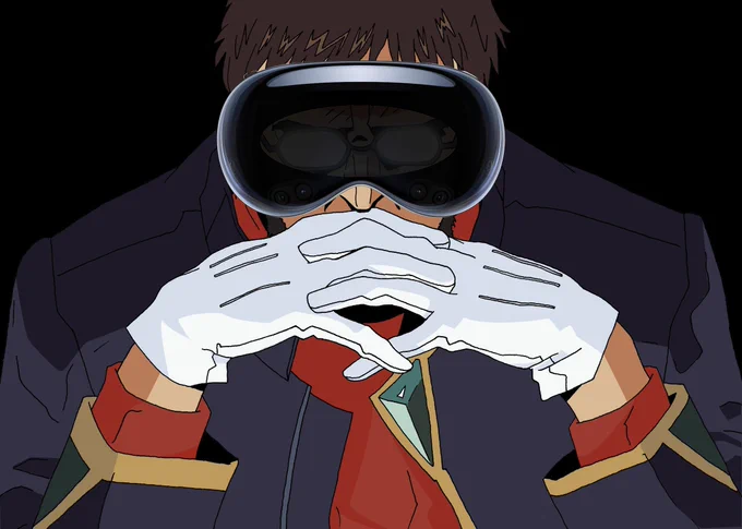 Gendo from Evangelion, Apple Vision Pro covering his glasses