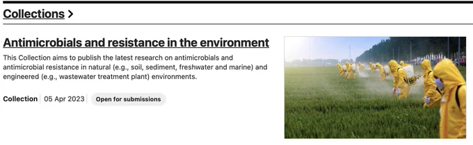 A screenshot of the Collection link on the homepage of npjAMR's website. It features the title "Antimicrobials and resistance in the environment" as well as an open for submissions button and a picture of people in yellow PPE spraying plants