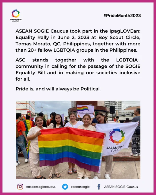 ASC took part in the IpagLOVEan Equality Rally in June 2, 2023 at the Boy Scout Circle, Tomas Morato, QC, Philippines with more than 20 fellow LGBTQIA  groups in the Philippines. This street protest kicks-off the June Pride celebrations. 🏳️‍⚧️🏳️‍🌈

ASC stands together with the LGBTQIA  community in calling for the passage of the SOGIE Equality Bill and in making our societies inclusive for all.

Pride is, and will always be Political. ✊🏳️‍⚧️🏳️‍🌈✊

#PrideMonth #Pride2023 #Pride #SOGIEEqualityNow #ENDDiscrimination