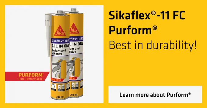 Two Packshots of Sikaflex®-11 FC Purform®, a written statement "Best in durability", and in the bottom right corner a call to action to learn more about the Purform® technology.