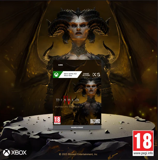 Keyart från Diablo IV, med spelets huvudantagonist, Lilith. Överst på bilden visas Diablo IV ULTIMATE EDITION-logotypen. Nederst visas Xbox-logotypen och PEGI 18-betyget, tillsammans med liten text, "©️ 2023 Blizzard Entertainment. inc". 

Eng ALT:
Keyart from Diablo IV, featuring the game's main antagonist, Lilith. At the top of the image is the Diablo IV ULTIMATE EDITION logo. At the bottom, the Xbox logo and PEGI 18 rating appear, along with small text, "©️ 2023 Blizzard Entertainment. inc".