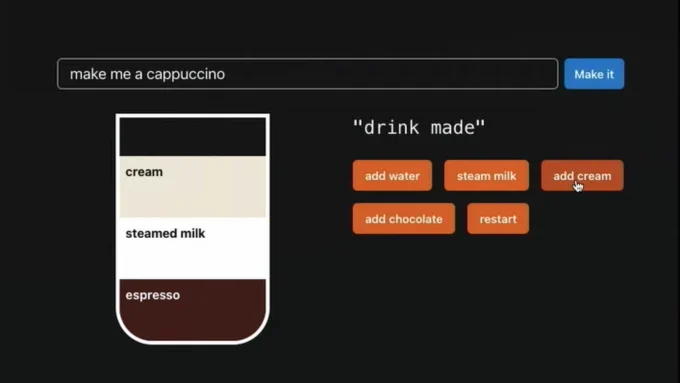 Text input filled with “make me a cappuccino” with a graphic with layers of cream, steamed milk, and espresso in a cup. The state is “drink made” and the optional events are add water, steam milk, add cream, add chocolate, and restart.