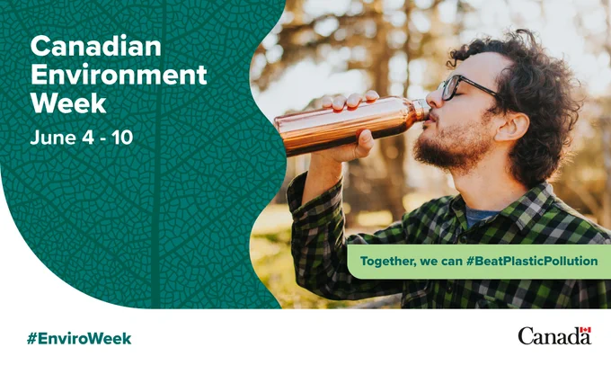 A man drinking from a reusable water bottle. Text: Canadian Environment Week. Jun 4-10. Together we can beat plastic pollution.