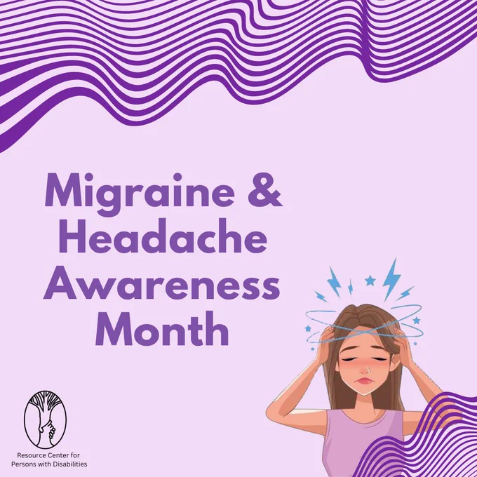 light purple background with dark purple squiggly lines at the top. the heading Migraine & Headache Awareness Month in the middle with the RCPD logo in bottom left and a female character in bottom right holding her head with an obvious headache