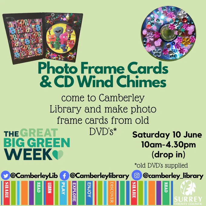Green background with an image of decorated DVDs in the top left and right of the text.
Surrey Library branding runs across the bottom of the image with the SCC acorn logo in the bottom right corner.