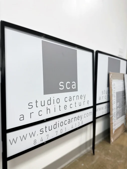 Custom signs printed on ACM and placed into metal frames.