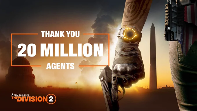 Close-up picture of an Agent holding a gun in their left hand. In the background, a damaged Washington Monument is visible. On the left side of the picture is written "Thank you 20 MILLION agents" above the Tom Clancy's The Division 2 logo.
