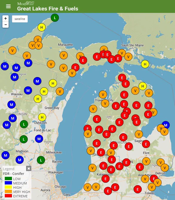 Map of Michigan showing an abundance of Extreme, very high and high fire danger icons for June 6, 2023.