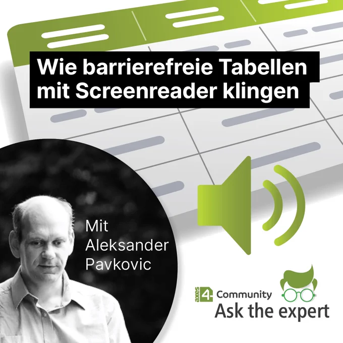 Schriftzug "Wie barrierefreie Tabellen mit Screenreader klingen", stilisierte Tabelle mit Lautsprecher, Portraitfoto von Aleksander Pavkovic und Logo axes4 Community Ask The Expert.