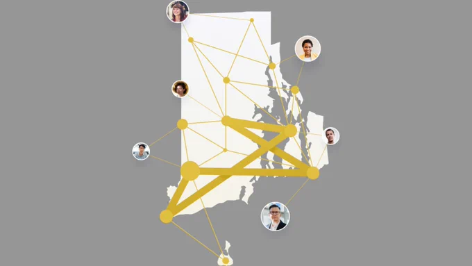 Map of Rhode Island with intersecting gold lines connecting diverse people.