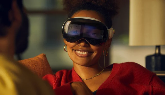 Image from Apple's announcement of the Vision Pro AR headset with Shopify sales dashboard and notifications onscreen