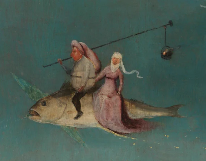 a medieval painting of a couple riding a giant fish