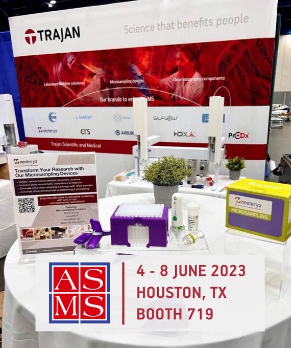 BOOTH #719 at ASMS 2023 Displays Trajan Microsampling Devices. Ask for a demonstration!