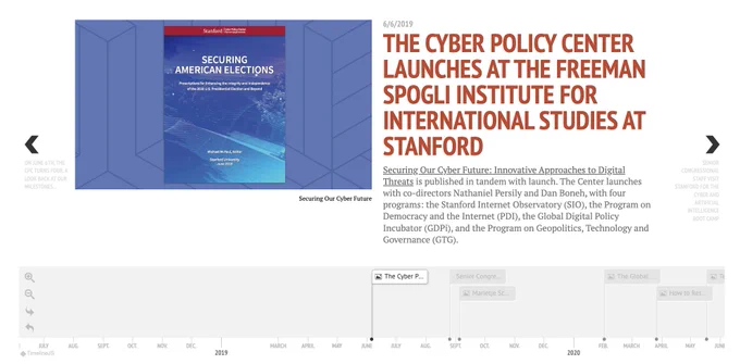image of a timeline showing the cyber policy center's milestones with opening slide showing the cover of securing american elections