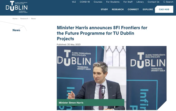 Screen grab of a TU Dublin news webpage, with Minister Simon Harris launching the SFI Frontiers for the Future projects in TU Dublin.