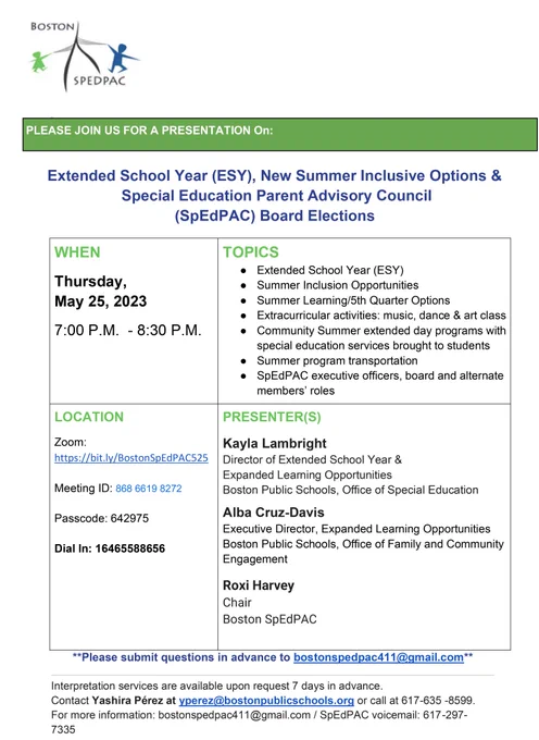 ESY flyer for SPEDPAC mtg May 25 at 7P