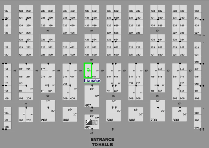 Exhibit hall layout of ACSM booths highlighting #415 for Fitabase