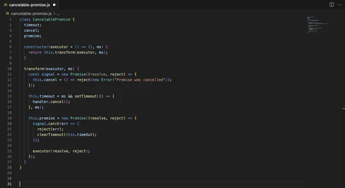 class CancelablePromise {
  timeout;
  cancel;
  promise;

  constructor(executor = () => {}, ms) {
    return this.transform(executor, ms);
  }

  transform(executor, ms) {
    const signal = new Promise((resolve, reject) => {
      this.cancel = () => reject(new Error("Promise was cancelled"));
    });

    this.timeout = ms && setTimeout(() => {
      handler.cancel();
    }, ms);

    this.promise = new Promise((resolve, reject) => {
      signal.catch(err => {
        reject(err);
        clearTimeout(this.timeOut);
      });

      executor(resolve, reject);
    });    
  }
}