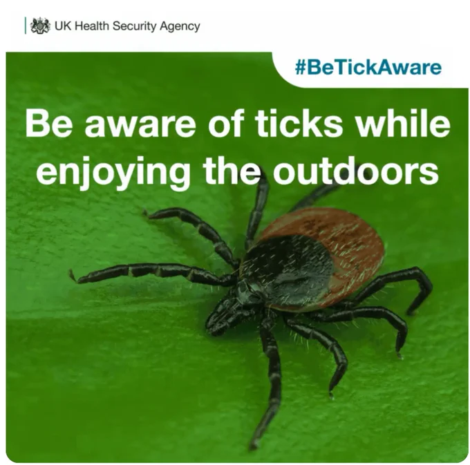 Image reads: Be aware of ticks while enjoying the outdoors.