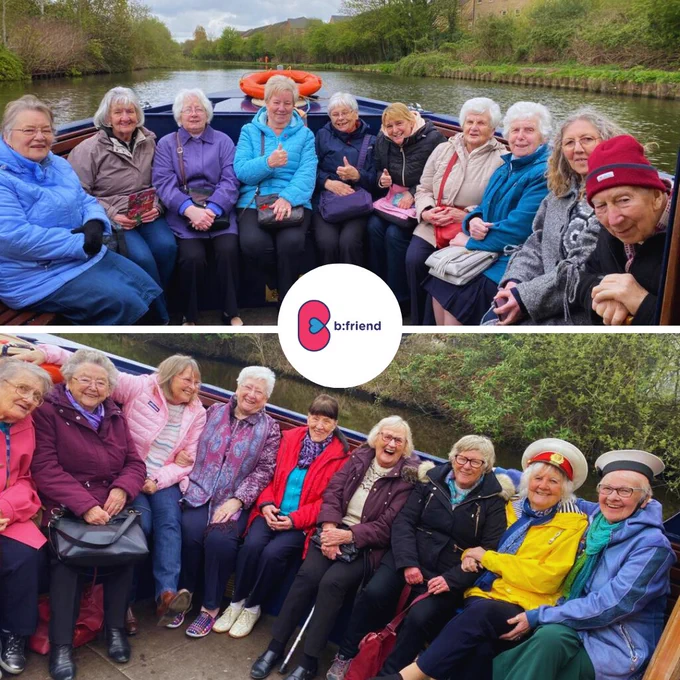 2 group photos of the older neigbours on the barge on the river. 