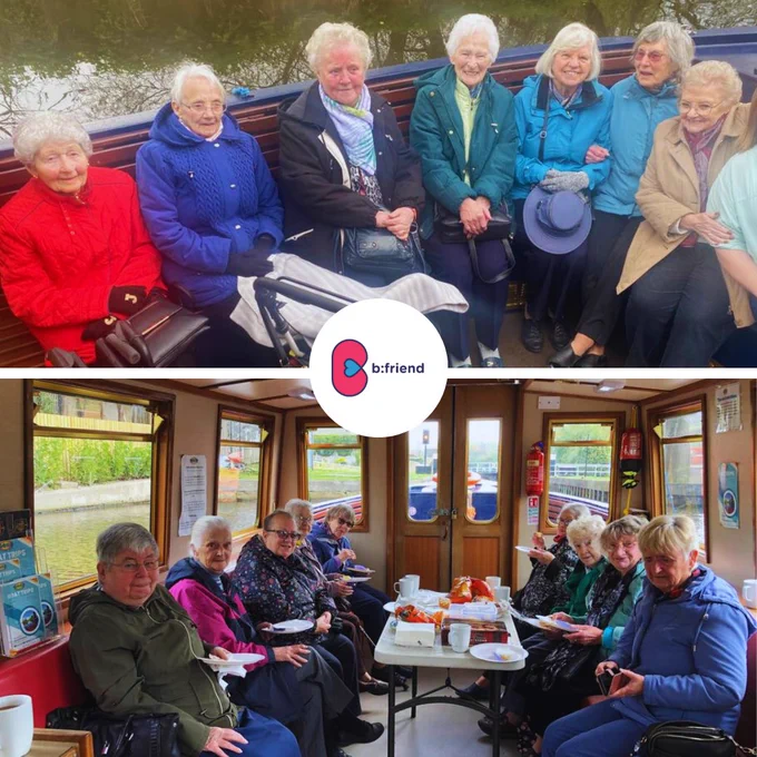 2 group photos of the older neigbours on the barge on the river. 