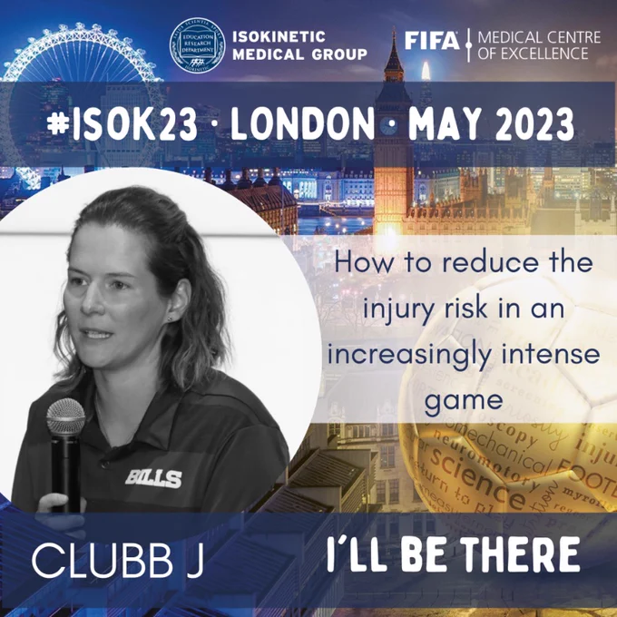 Sports Science Consultant Jo Clubb will be at the Isokinetic Conference. Here the title of her talk is given: how to reduce the injury risk in an increasingly intense game. A backdrop of London and a football is provided. 