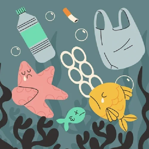 cartoon fish swimming with plastic bottle, bag and cigarette end