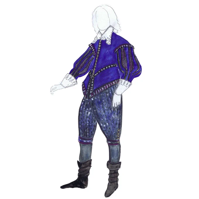A concept sketch for The Book of Will with an outline of a person wearing a blue jacket and dark trousers