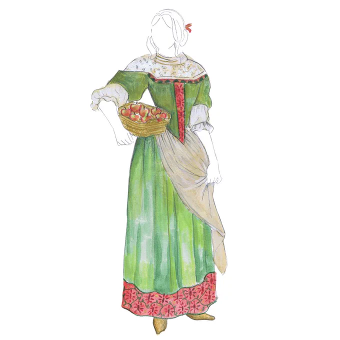 A concept sketch for The Book of Will with an outline of a person wearing a green dress with an apron and holding a basket of apples