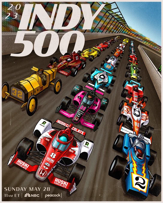NBC Sports commemorative poster celebrates the 107th Indy 500 with images of classic Indy cars with current ones.