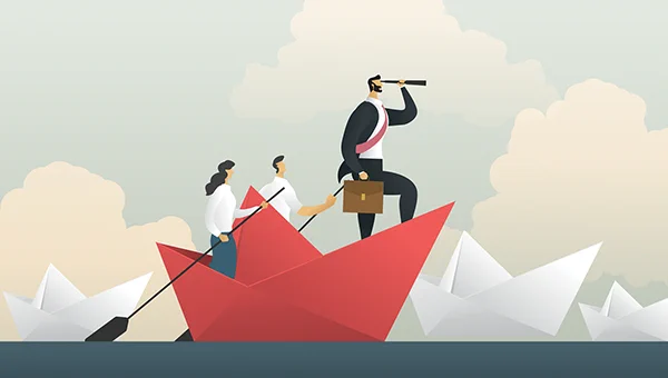Illustration of a three-member team on a paper boat. Two team members are rowing and one is holding a telescope. 