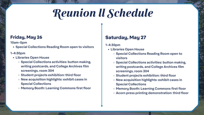 Text graphic for Reunion II schedule that lays out the events planned for May 26 and May 27