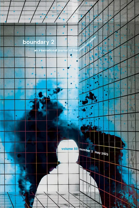 Cover of boundary 2: an international journal of literature and culture, (50:2). Image of a tile-like grid with splatters of black and blue. A silhouette of a person is in negative within the spatters at the bottom. Journal title and information in white text.