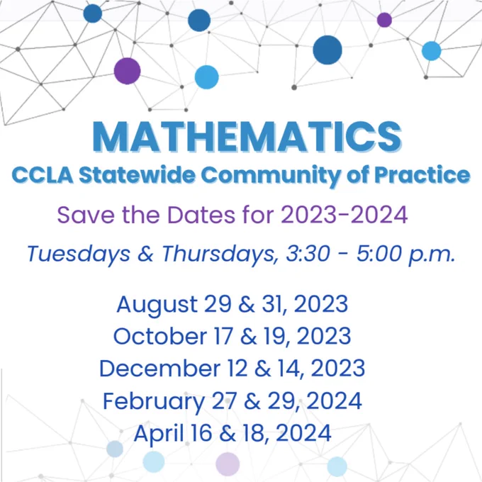 Image Lines and Dots 
MATHEMATICS
Save the Dates for 2023-2024
Tuesdays & Thursdays, 3:30 - 5:00 p.m.
August 29 & 31, 2023
October 17 & 19, 2023
December 12 & 14, 2023
February 27 & 29, 2024
April 16 & 18, 2024