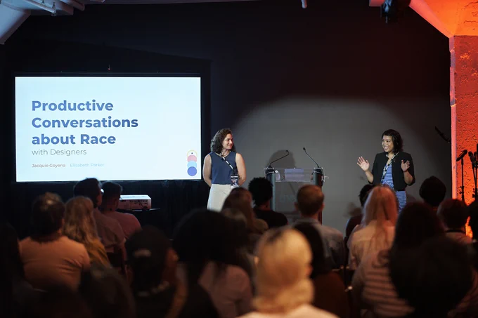 Jacquie Goyena and Elizabeth Paker presenting their talk "How to have productive conversations about race with designers" during UX Y'all Conference 2022.