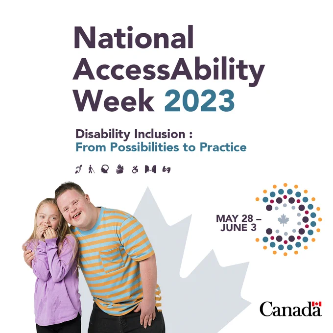 National AccessAbility Week 2023. Disability Inclusion: From Possibilities to Practice. May 28 to June 3. Two young people hugging and smiling.