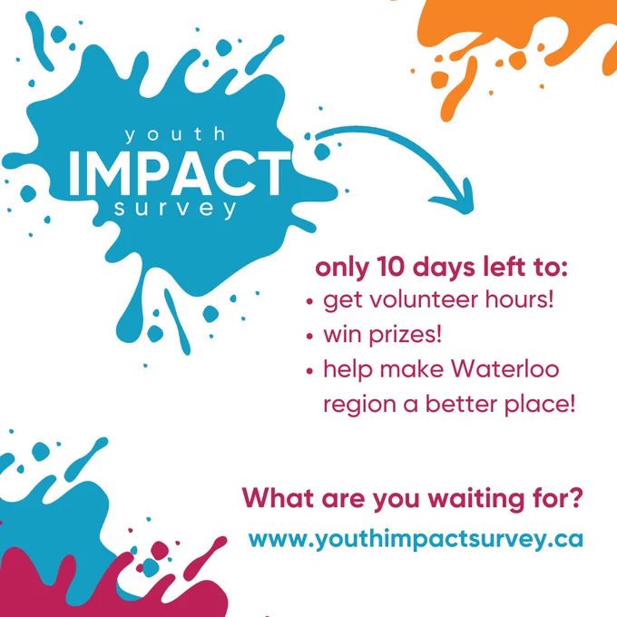 Youth Impact Survey. Only 10 days left to:
- get volunteer hours
- win prizes
- help make Waterloo Region a better place

What are you waiting for?
youthimpactsurvey.ca