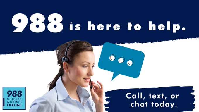 Woman on headset phone. 988 is here to help. Call text or chat today