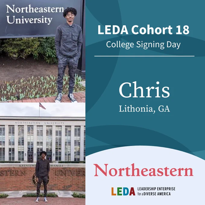College Signing Day 2023 - LEDA Scholar Chris will attend Northeastern University