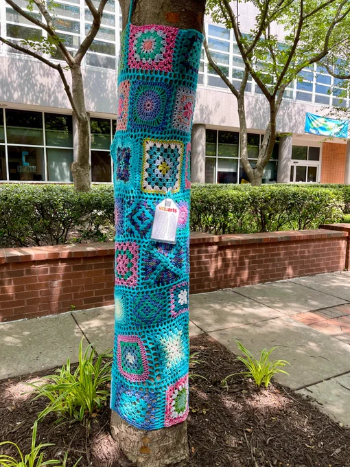 Blue, yellow, and pink knitted art installation wrapped around a tree trunk.
