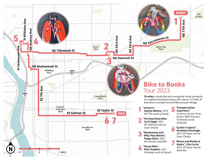 The Bike to Books Tour 2023 bike route is outlined in red and covers 10 miles along Portland's eastside. 
